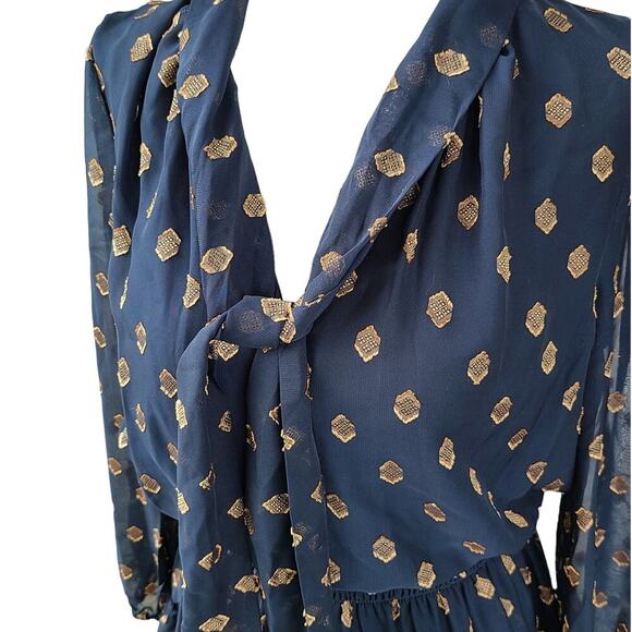 Shoshanna Dane Dress Womens Size 2 Long Puff Sleeve Semi-Sheer Black Navy Gold - Picture 5 of 15